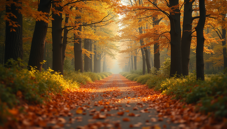 Eye-level view of a quiet forest path covered with fallen leaves