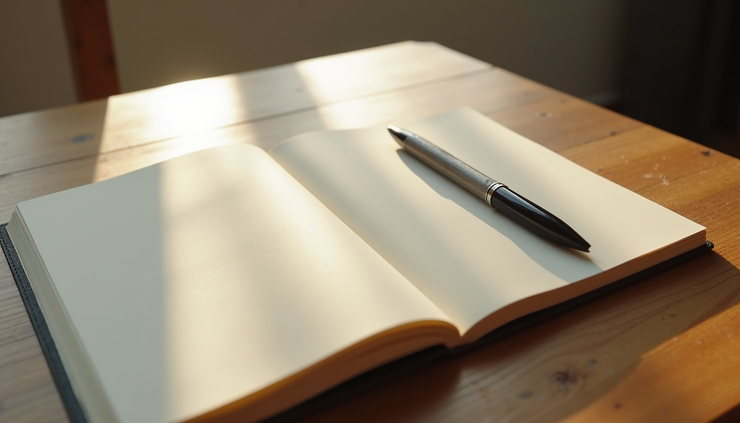 Close-up view of a journal and pen on a wooden table with soft natural light