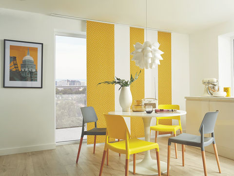 Custom made panel glide blinds in yellow patterened fabric. Get Real Secure services Brisbane's inner suburbs and all surrounding areas.