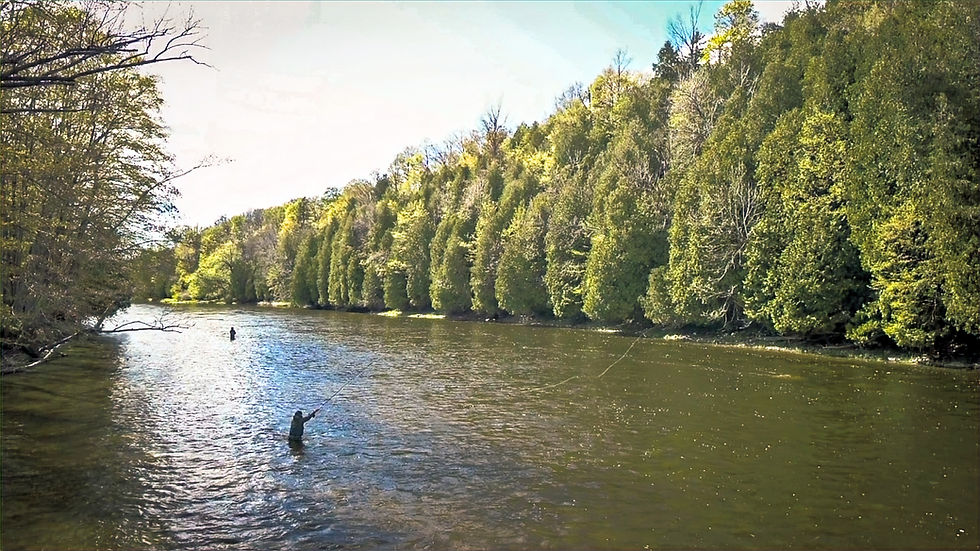 Two anglers spey fishing on the Saugeen River during a River Run Guiding trip.