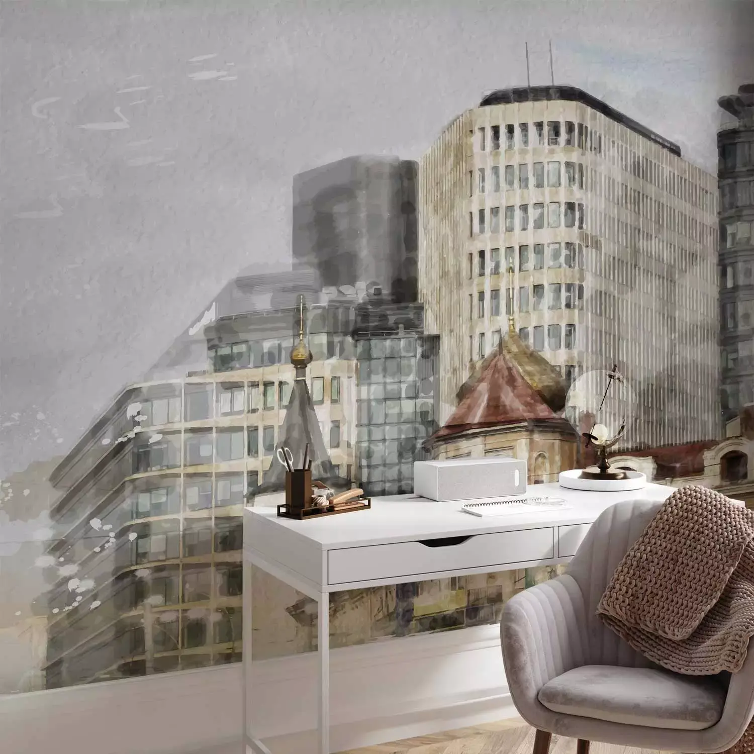 Ciudad del pasado y futuro: acuarela de edificios de distintas épocas