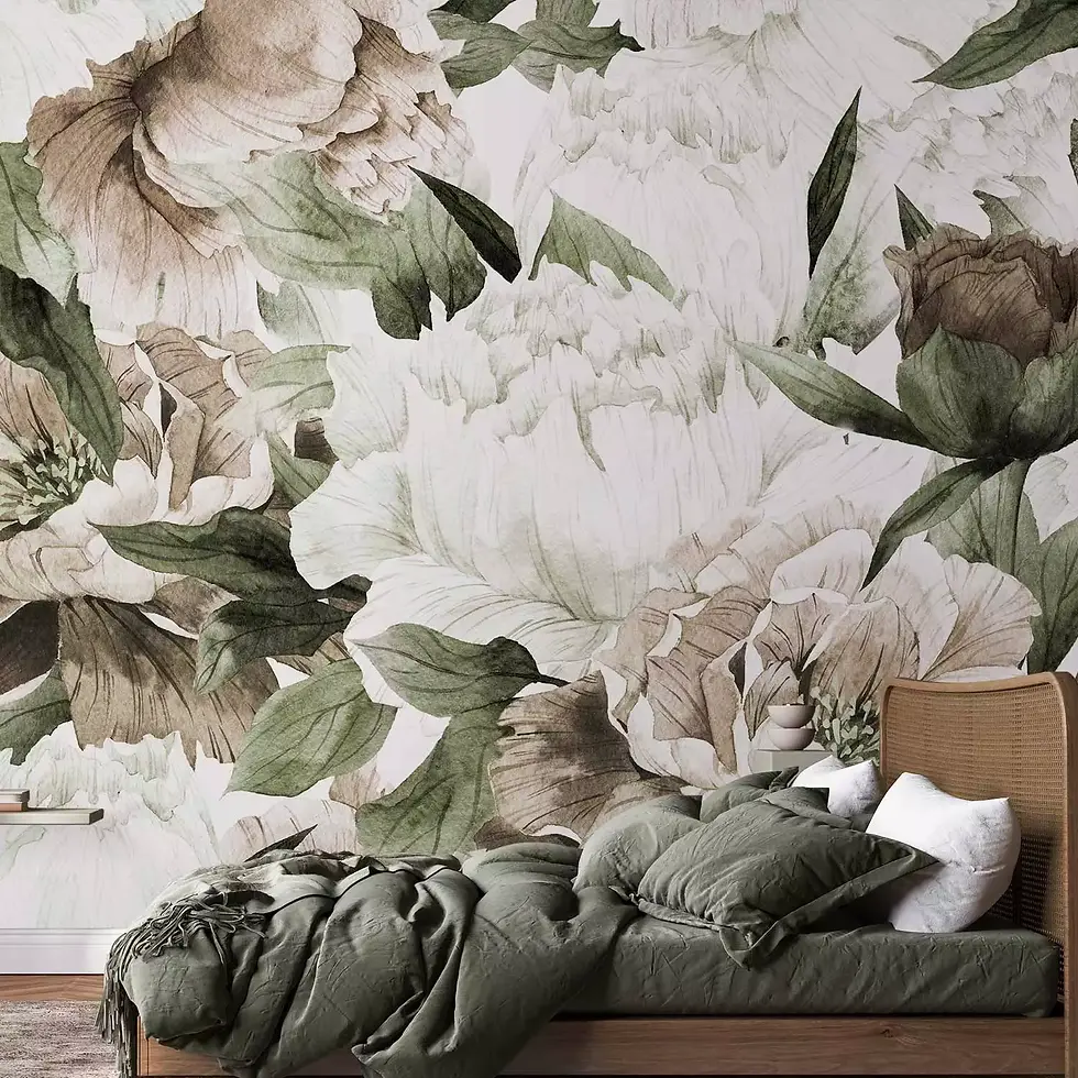 Mural Flowers in bloom - floral motif composition with peonies and leaves