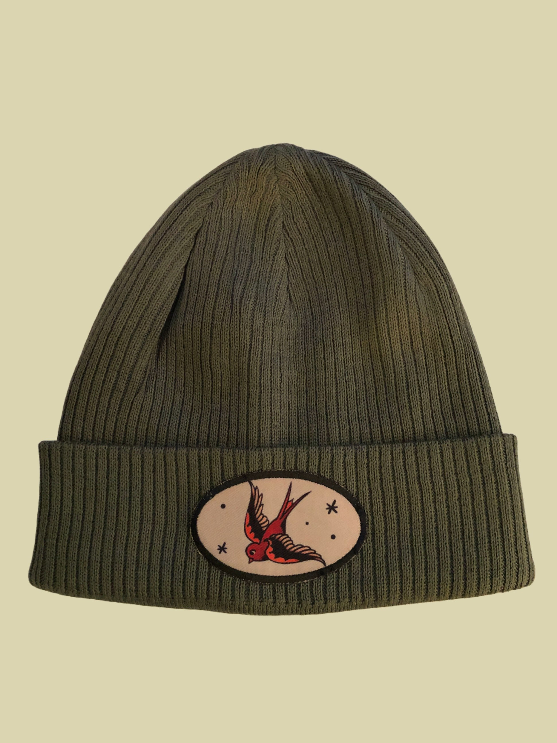 Oldschool Swallow, Bio Cotton Beanie olive