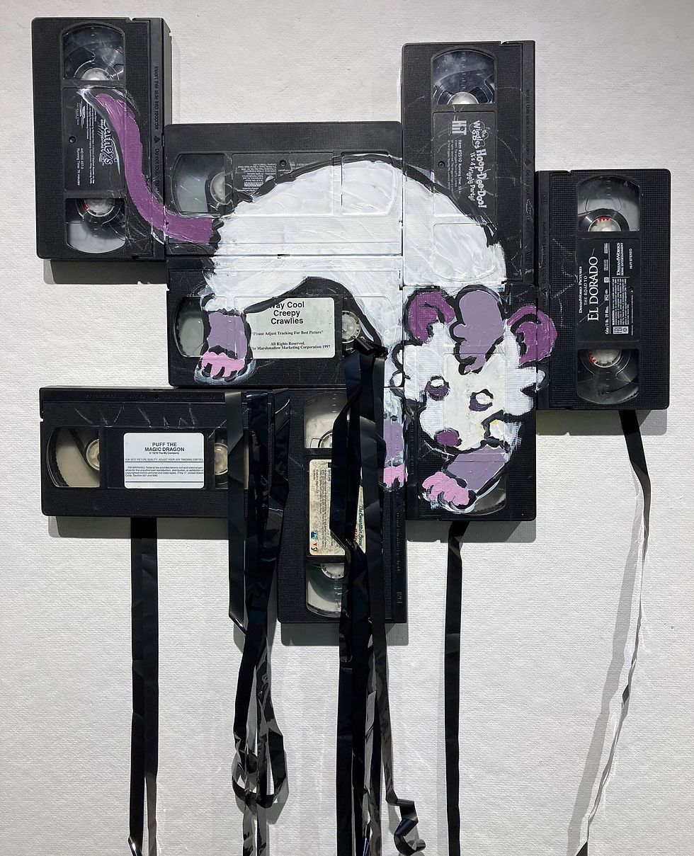 Be Kind and Rewind (detail), 2023, VHS tapes and acrylic paint