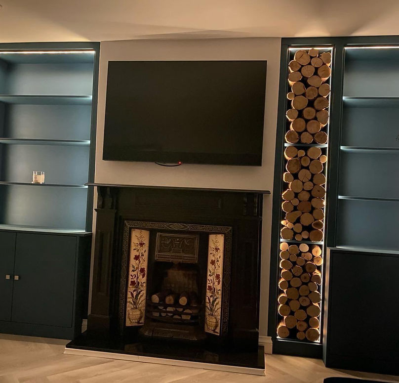 Media wall with TV Unit and log storage for fireplace