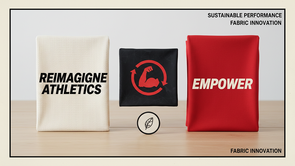 Close-up view of sustainable sportswear fabric samples laid out on a table