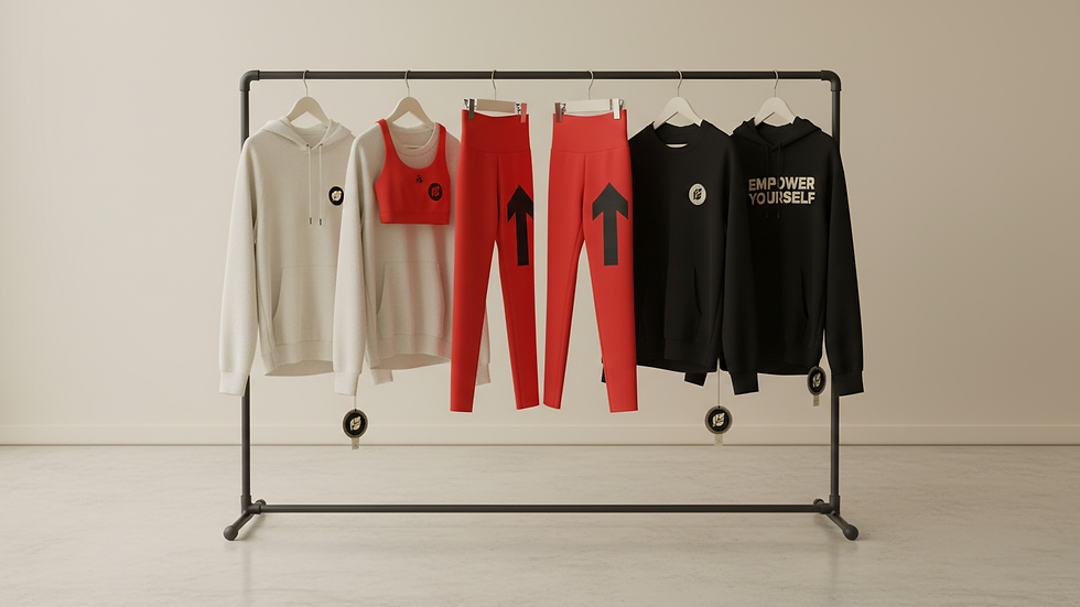 High angle view of sustainable performance apparel displayed on rack