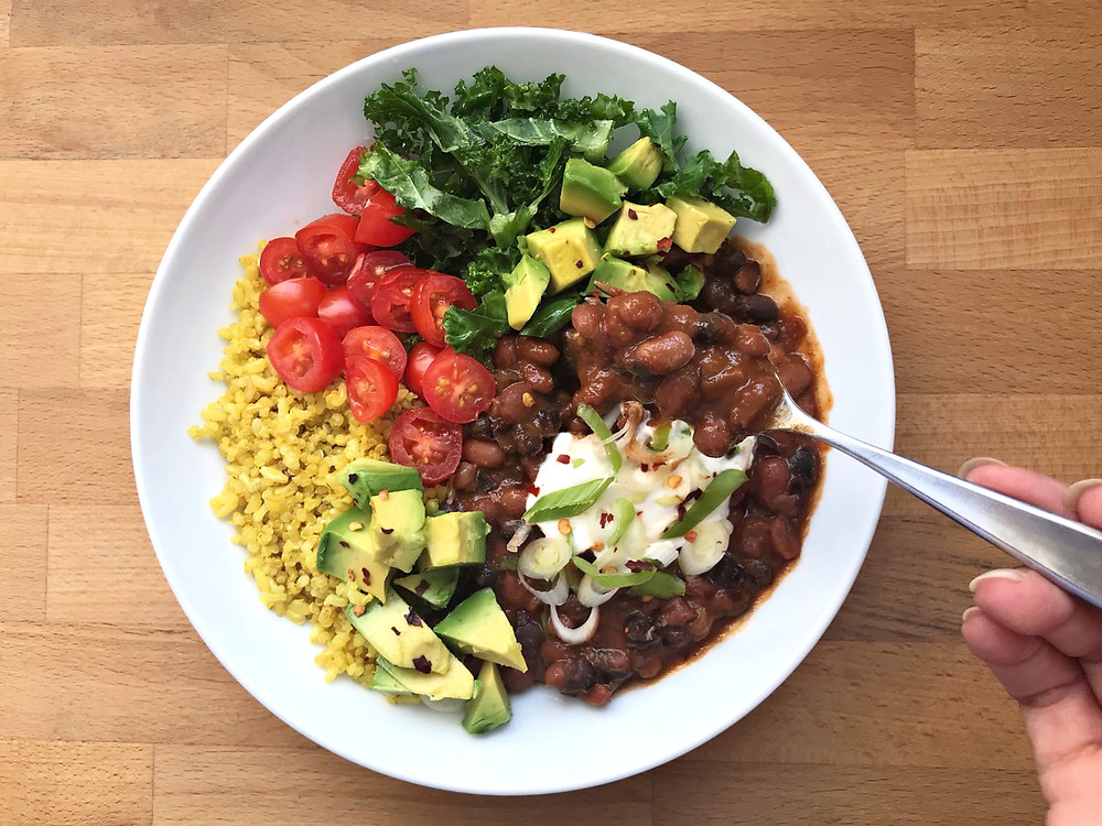 Vegan Bowl Chili, Rice, Avocado, Kale Salad
