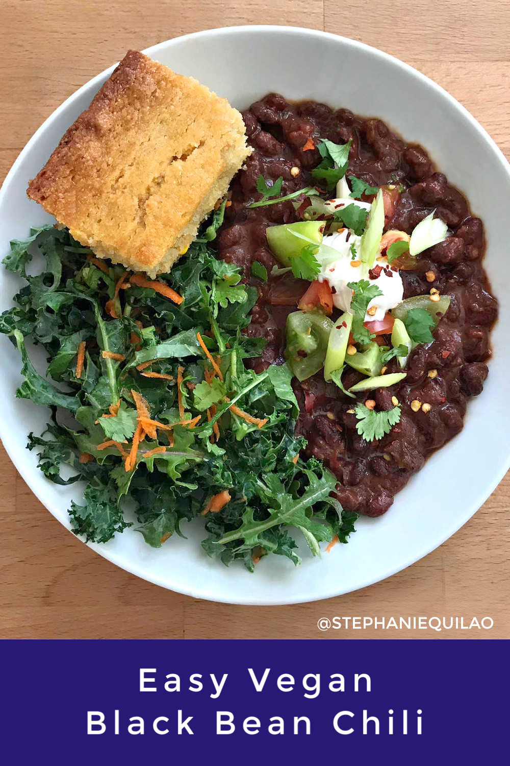 Easy Vegan Black Bean Chili Recipe with Cornbread and greeen salad