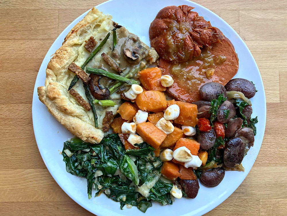 Meal: Mushroom Asparagus Tart, Vegan Ham, Candied Sweet Potatoes, Kale + Spinach Laing, Christmas Beans