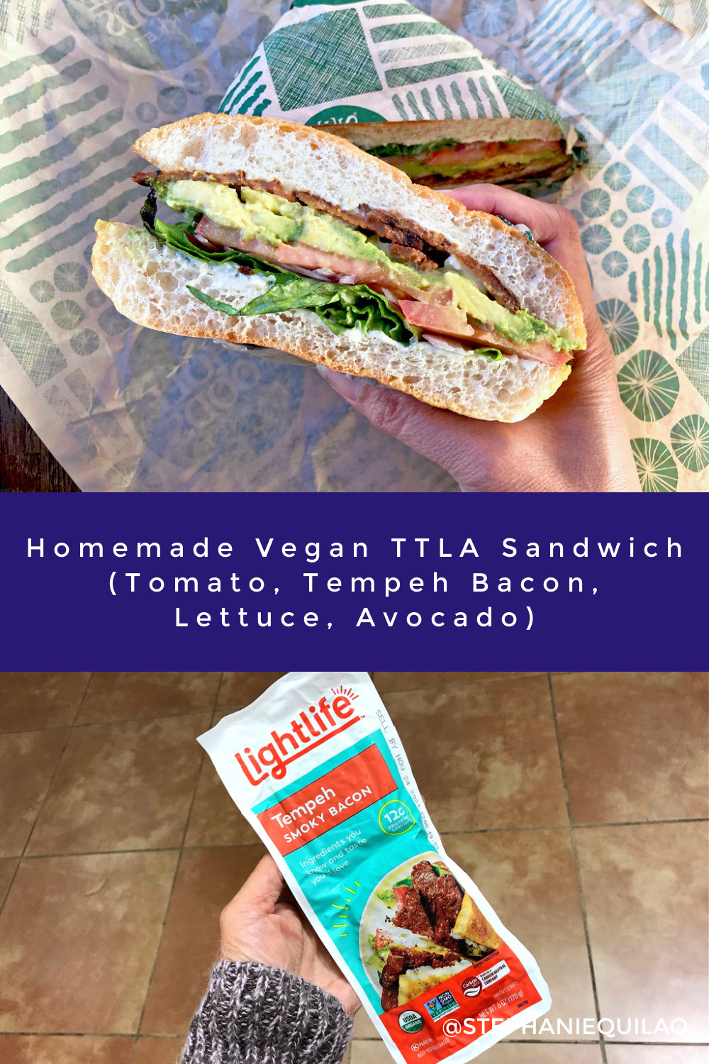 Homemade Vegan TTLA Sandwich (Tomato, Tempeh Bacon, Lettuce, Avocado) Pin