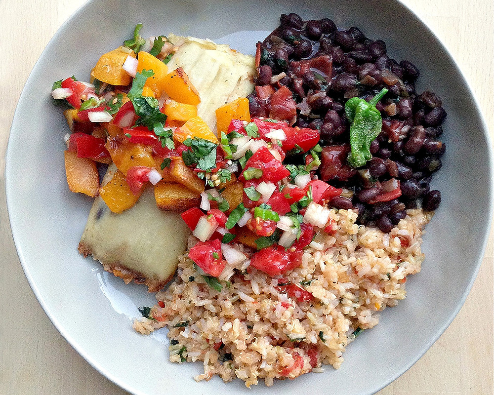 Vegan Butternut Squash Tamale With Spanish Rice, Salsa Fresca, Black Beans and Shishito Pepper