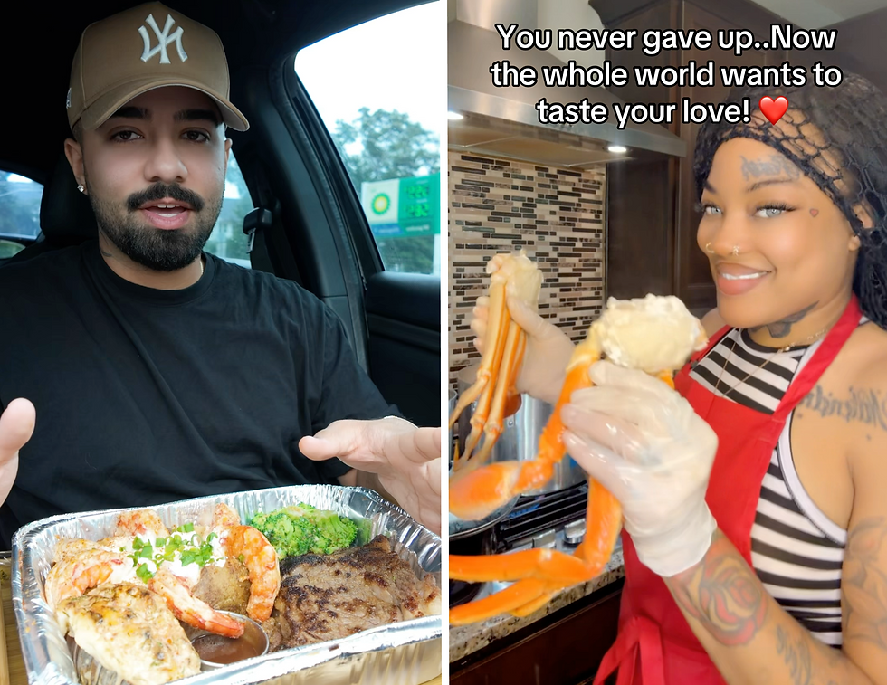 TikToks from content creator Gabriel Rivera ordering food on Facebook Marketplace and South Carolina cook Geechee Goddess