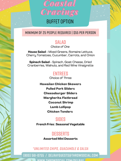 THRōW Social Delray Coastal Cravings buffet menu with salad, entrée, side, and dessert selections for groups of 25 or more.
