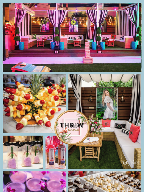 Collage of a THRōW Social Delray private event featuring decorated cabanas, lawn games, fruit skewers, specialty cocktails, and assorted desserts.