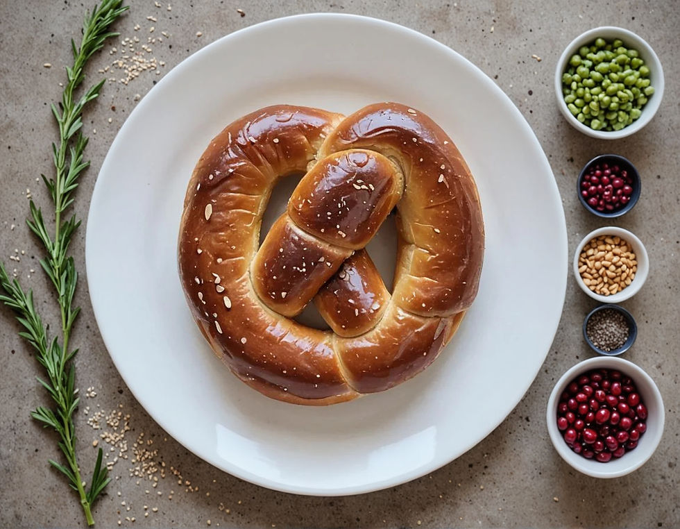 Pretzel on white plate with rosemary sprigs and bowls of green peas, red berries, seeds, and spices on a rustic surface.
