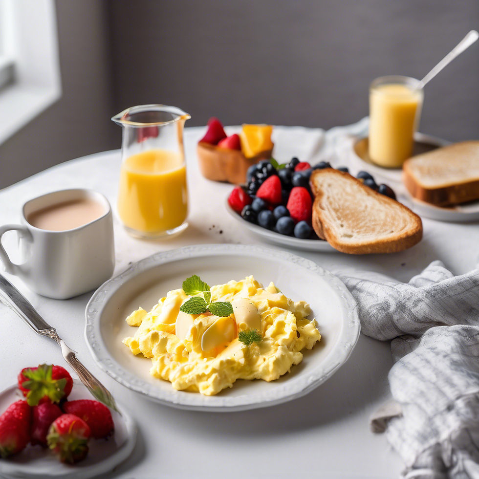Breakfast scene with scrambled eggs, berries, toast, strawberries, and drinks on a white table. Bright, inviting setting with soft lighting.