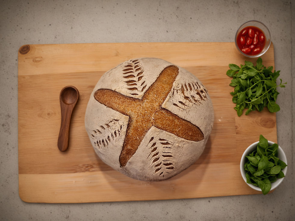 Round bread with leaf patterns on a wooden board, surrounded by greens, cherry tomatoes, and a wooden spoon. Rustic and fresh setting.