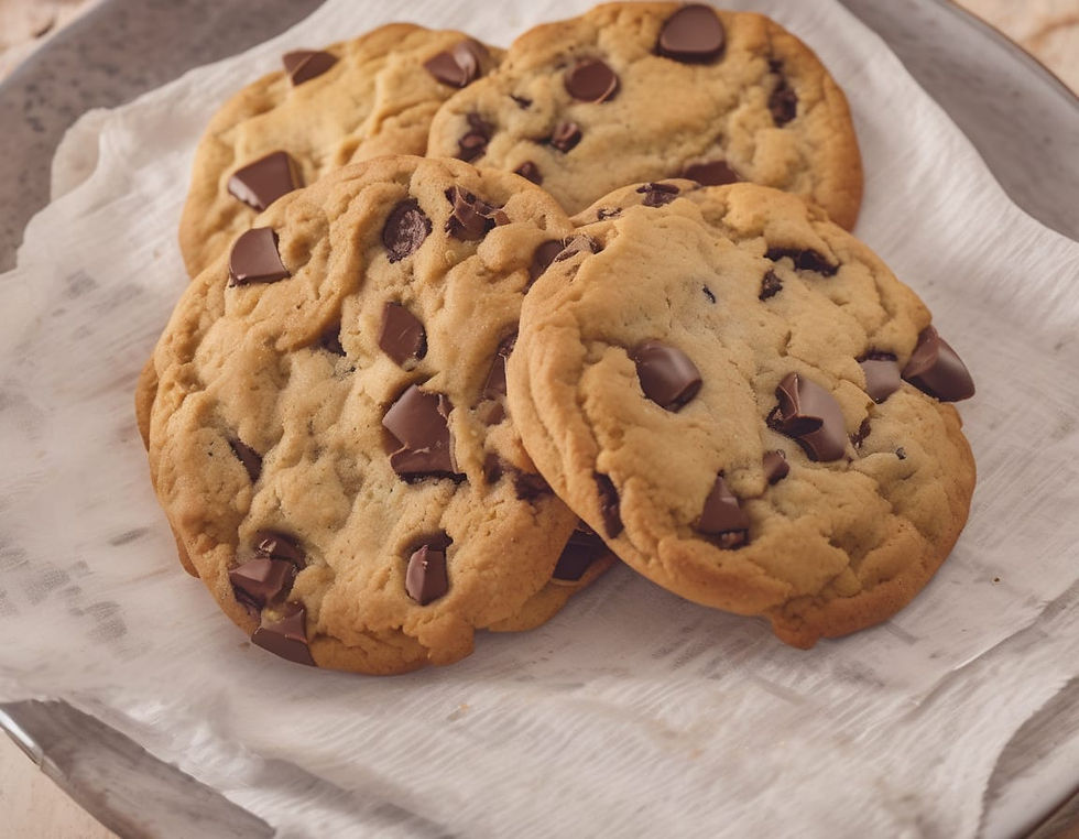 Chocolate chip cookies on a gray plate with a crinkled white napkin. Warm lighting enhances the cookies' golden brown texture.