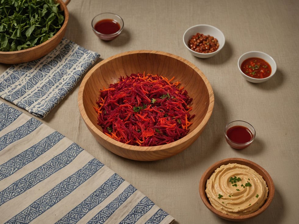 Wooden bowls with shredded beet and carrot salad, greens, hummus, and sauces on a table with blue-patterned napkins. Earthy tones.