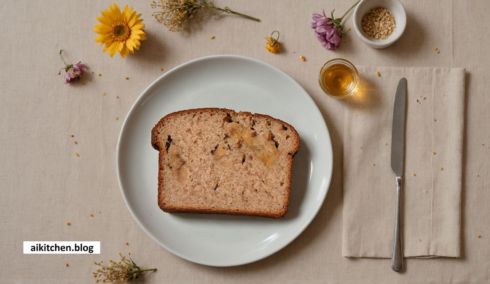 Slice of bread on a white plate, surrounded by flowers on a beige cloth. A knife and a small glass of honey are nearby. Text: aikitchen.blog.