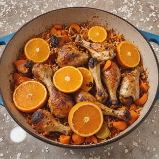 Once fully cooked, remove the Dutch oven from the oven and let it rest for 10 minutes. Remove the rosemary branch and the orange slices before serving. Optionally, garnish with fresh parsley or cilantro, and serve with extra orange wedges if desired.