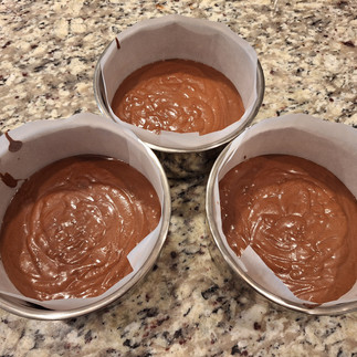 Divide the batter evenly between the three cake pans.