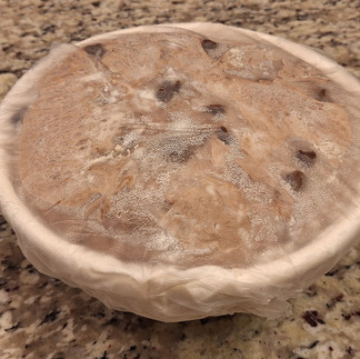 Covered basket with dough, risen