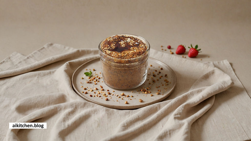 A glass jar on a plate sits on beige fabric, filled with dessert topped with seeds. Strawberries nearby. Text: aikitchen.blog.