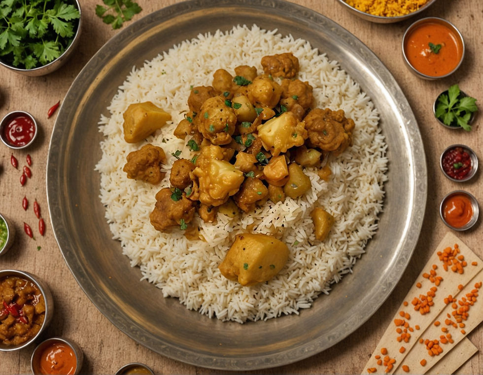 Rice with vegetable curry on a silver plate surrounded by small bowls of sauces and garnished herbs. Rustic wooden background.