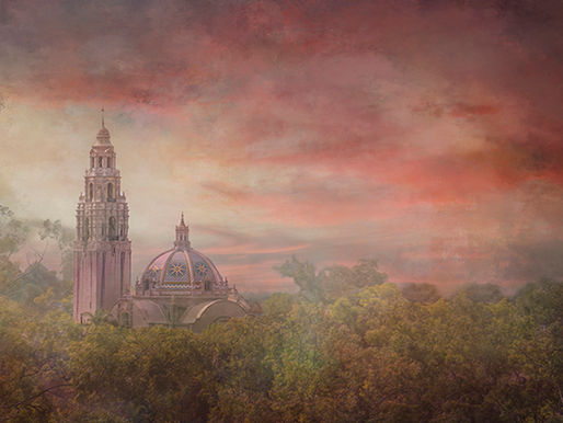 California Tower in Balboa Park at sunset, San Diego fine art print “Briefly Rose”