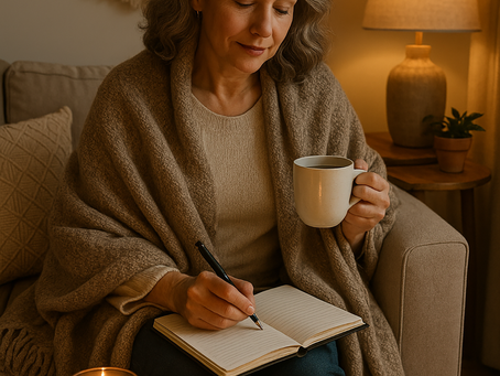 A middle-aged woman with gray hair wrapped in a cozy shawl sits in a softly lit living room, writing in a notebook while holding a mug, surrounded by candles and calming decor—representing a peaceful Sunday night preparation ritual.