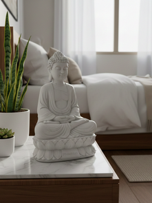 Serene Bedroom Vastu Altar: White Marble Meditating Buddha + Phooldaan Guide