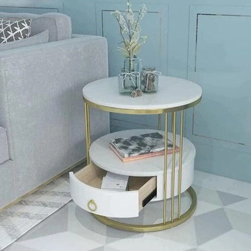 Round white marble end table with gold frame and storage drawer