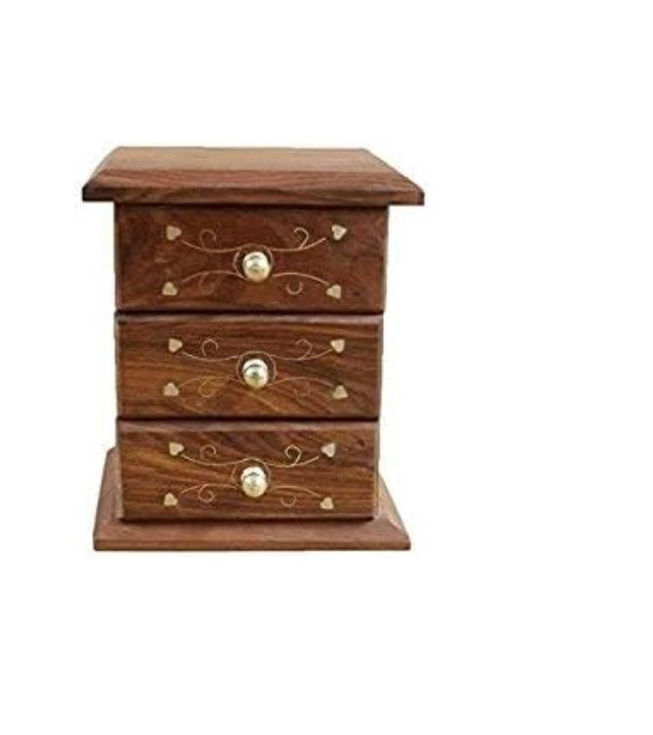 Handcrafted wooden jewelry box with 3 drawers and golden knob detailing