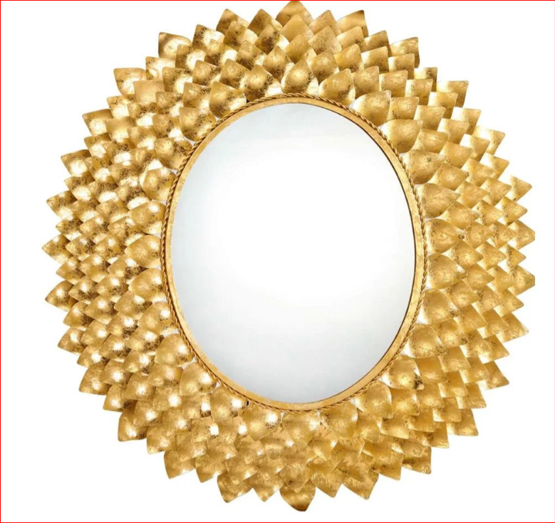 Ornate gold leaf circular mirror with intricate decorative frame, luxury round wall mirror for living room or entryway