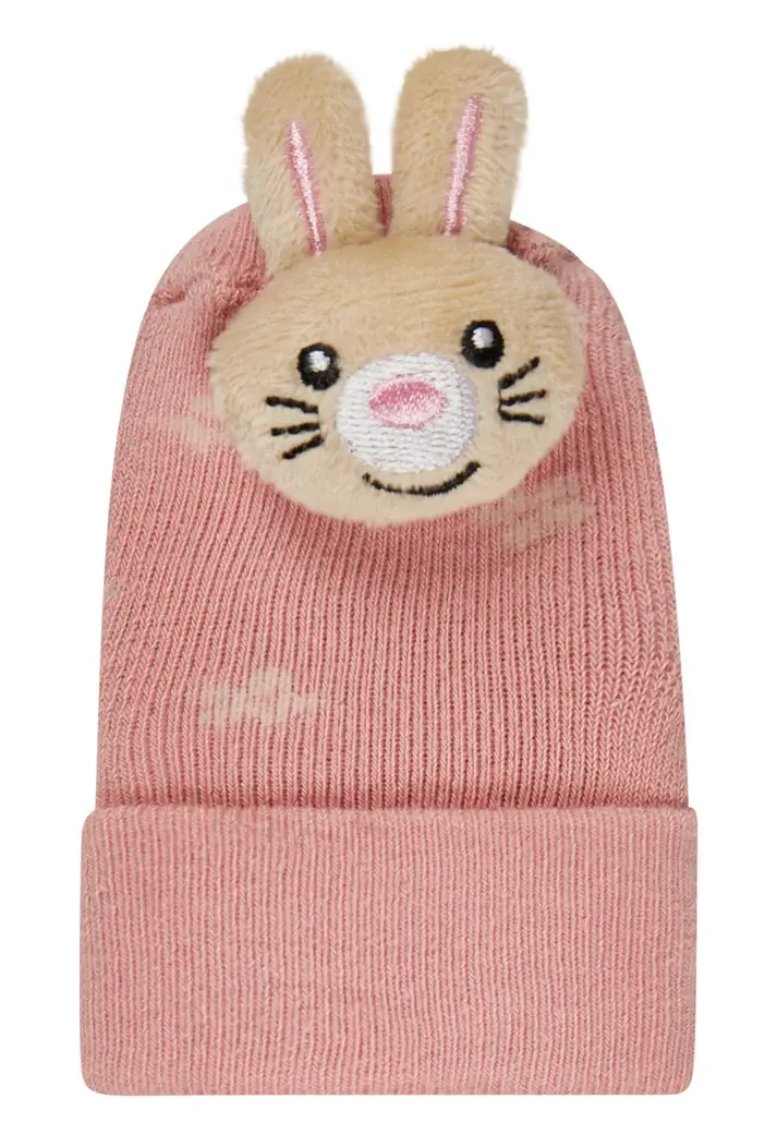 Baby-Rasselsocken Hase – rosafarbene Söckchen mit beigem 3D-Hasenkopf und Ohren
