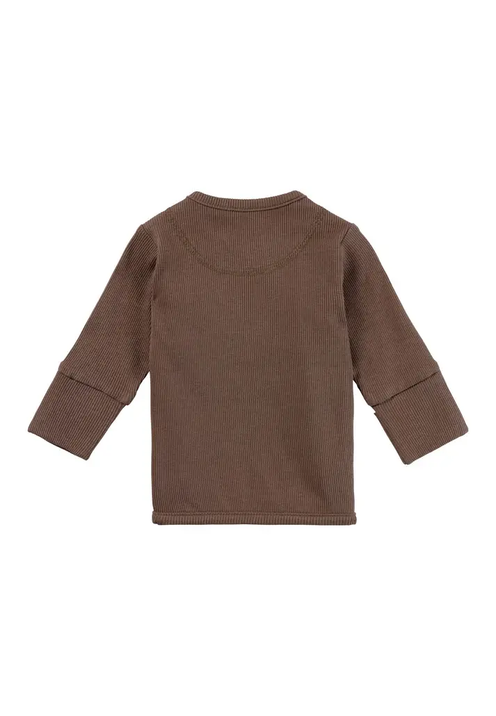 Babyjacke Rippjersey Rückansicht – weicher brauner Stoff aus Baumwollmischung