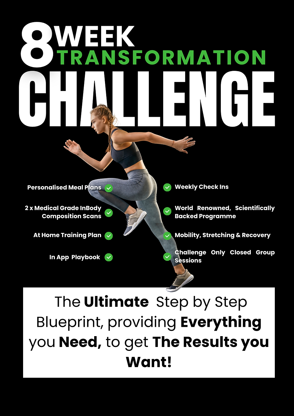 Athletic woman jumping in front of text: "8 Week Transformation Challenge." Features benefits like meal plans, training, and recovery. Black background.