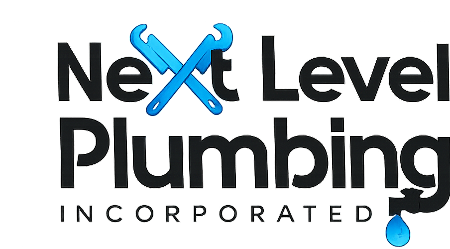 Next Level Plumbing logo with wrench and water leak detail