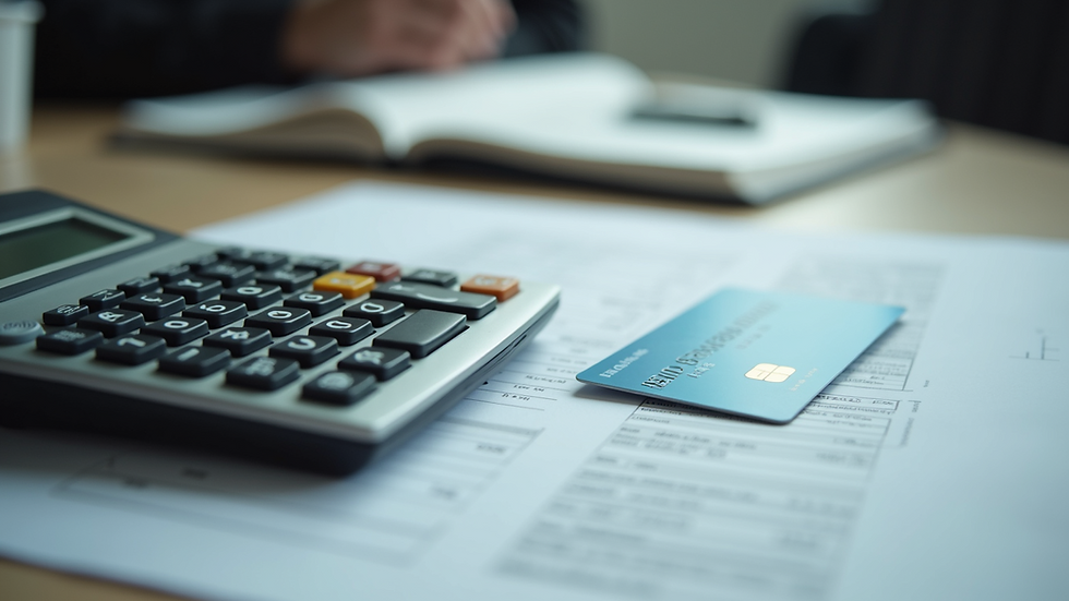 Eye-level view of a desk with a calculator and credit card