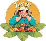 Joy oi logo with Vietnamese lady with a basket of fruits showing fresh vietnamese raw coffee beans