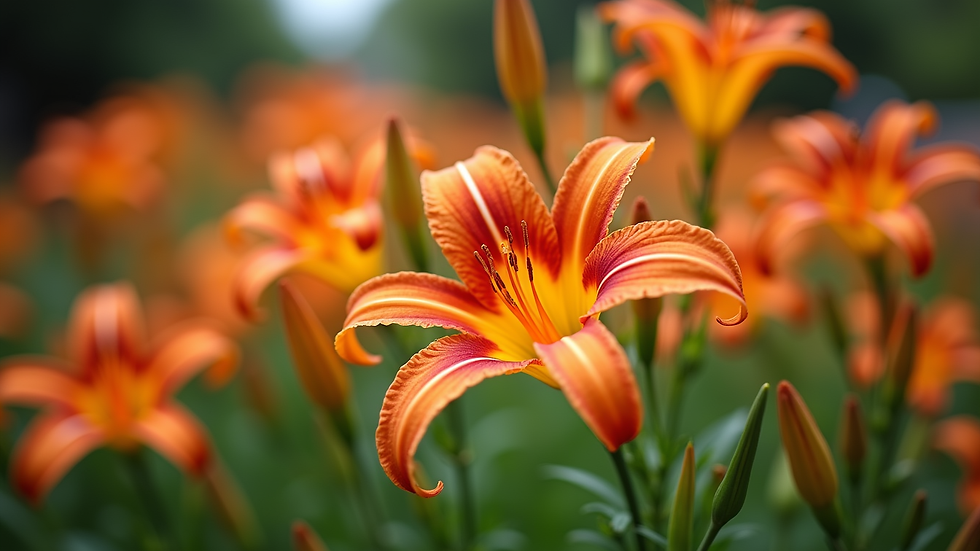 Close-up view of vibrant orange daylilies blooming in a garden bed