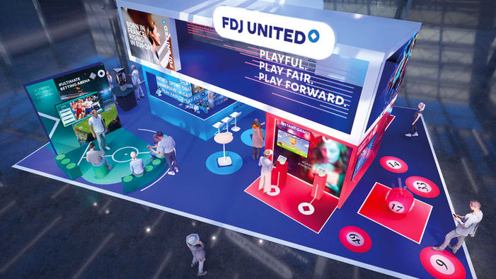 Stand FDJ United à VivaTech 2025 présentant quatre univers de jeux interactifs et expériences immersives