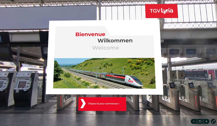 Écran de bienvenue multilingue de l'expérience VR SNCF Lyria avec un TGV Lyria à quai en arrière-plan