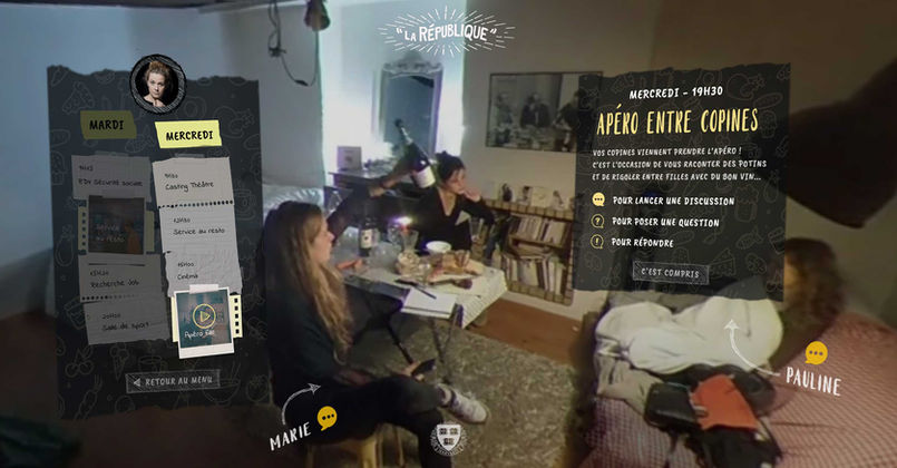 Étudiants interagissant dans une scène du film immersif La République pour apprendre le français en contexte réel