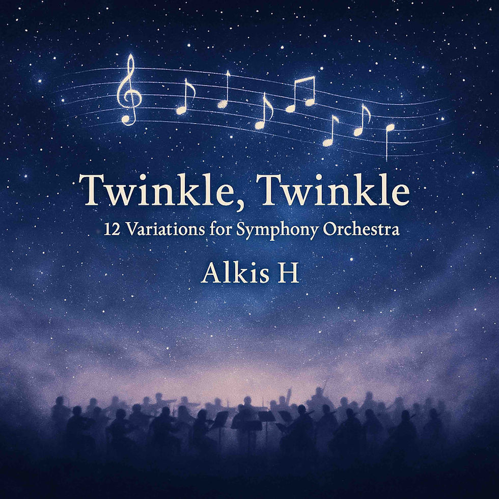 Twinkle, Twinkle by Alkins H takes one of the most universally recognized melodies in the world and transforms it into a miniature symphonic journey. This twelve-part work, presented as a continuous arc, retains a steady tempo throughout but evolves dramatically in mood, color, and orchestral texture. What begins as a simple nursery theme grows into something rich, inventive, and at times even grandiose—culminating in a sweeping fugue and finale that feel worlds away from the melody’s humble origins.