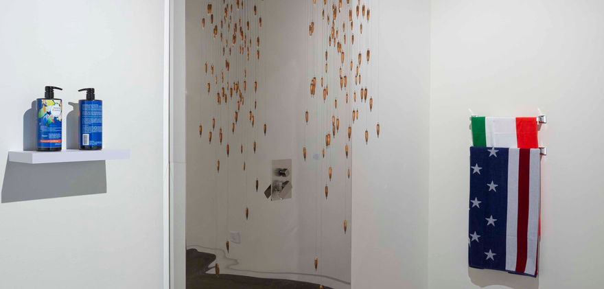 Full shot of the installation work "This is the Real Shower" - in the middle a metal shower in a mirror finish with bullets falling from the shower head. Then on the left side shampoo and conditioner, and the left side two towels the american flag and the Iranian flag.