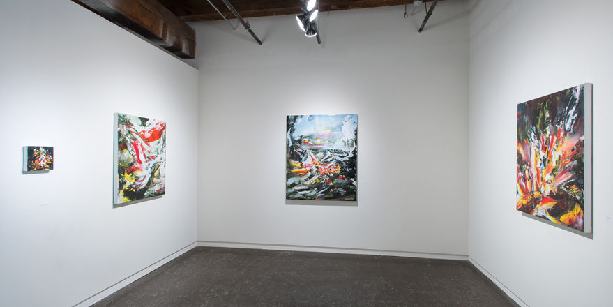 photo of soovac gallery space with four large abstract paintings with blue and orange