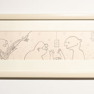 Ink drawing of cartoon people fly fishing. 
